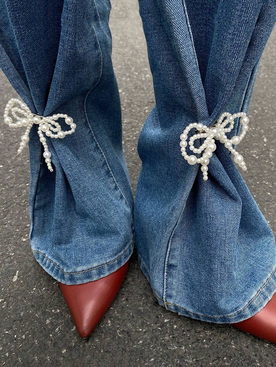 2件套仿珍珠蝴蝶结腿链装饰，时尚金属胸针裤腿配饰，多功能女士胸针别针 - 白色 - 查看 1