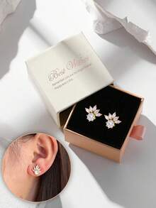 一对优雅金色花朵耳钉，闪亮水晶花蕊设计，铜质材质，不褪色且低过敏性，送给她的浪漫礼物 - 金色 - 查看 1