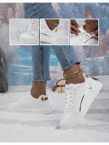 Women's Elegant & Comfortable Low-Top Sneakers - Lightweight EVA Sole, Warm Lining - White Upper With Gold Accents - Comfortable Casual Shoes, Minimalist Design, Soft Cushioning, Durable Traction, Ideal For Urban Lifestyle