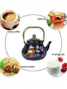 1pc,High Appearance Level Nostalgic Flower Enamel Kettle, Steel Handle Kettle, Household Boiling Kettle, Coffee Pot, Kitchen Gas, Induction Cooker Can Directly Heat Kettle, Gift Kettle For Elders And Relatives - Black Nostalgic Flowers - View 4
