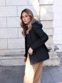 Women's Black Diamond Pattern Hooded Puffer Jacket With Belted Waist For Fall And Winter - Slimming, Warm And Fashionable Versatile Outerwear