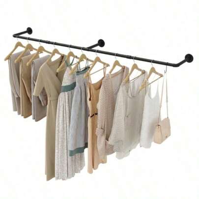 Barra para Colgar Ropa 184 cm - Montada en Pared, con 4 Ganchos para Hogar y Tienda