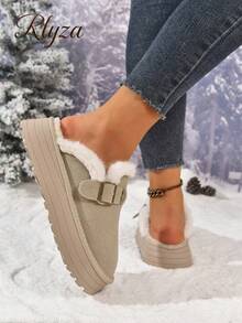 1 par de zapatos de plataforma de tela de unicolor, adecuados para usar en casa en otoño/invierno, zapatos de piel, zapatos tipo mule - Caqui - Ver 3