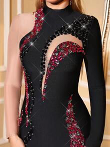 Love Aing Elegancka czarna sukienka damska na noworoczne wydarzenie, strój imprezowy, strój gościa weselnego, ręcznie robiona, błyszcząca, solidna suknia bankietowa wysadzana diamentami, ażurowy patchwork z jedwabnej siateczki, rozcięcie, seksowna i dopasowana suknia wieczorowa, strój imprezowy dla czarnych gości weselnych, elegancka i luksusowa formalna suknia bankietowa. - Czarne - Zobacz 9
