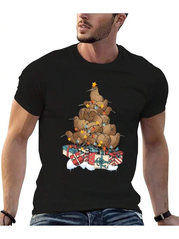 New Zealand Kiwi Bird Holiday Christmas Tree Ugly Christmas Xmas Sweater T-Shirt Baggy Shirts Men T Shirt 200g