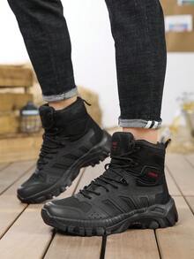 1 Paio di Stivali da Trekking da Uomo in Colore Unito in Pelle PU, con Allacciatura, Suola Antiscivolo, Tomaia Traspirante, Adatti per Trekking, Montagna, Deserto, Viaggio, Campeggio - nero - Visualizzare 3