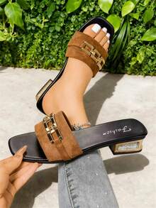 Sandali con tacco alto da donna con decorazione fibbia suola in TPR, fondo morbido, comodi per esterno, spiaggia, estate, eleganti sandali marrone - Castano - Visualizzare 11