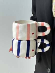 1pc Striped Heart Ceramic Coffee Mug, Elegant Minimalist Ceramic Mug, Ceramic Cup, Water Cup, Creative Hand-Painted Ceramic Juice Cup, High-Quality Afternoon Tea Cup, Breakfast Milk Cup, Gift Mug, Suitable For All Seasons - Multicolor - View 11