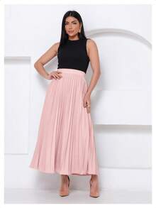 LXC Women's Pleated Skirt, Women's Vintage Midi Skirt, Elegant High-Waisted Long Skirt, Simple, Casual, Pleated, Office, Wedding - 淺粉色 - 查看 2
