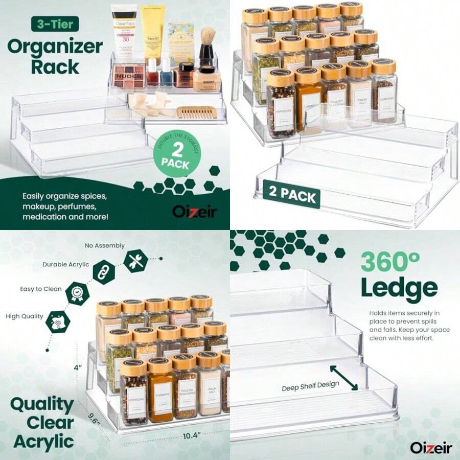 Oizeir Clear Spice Rack 2-Pack 3-Tier Acrylic Organizer For Cabinet Deep Spice Shelf 10.4 X 9.6 X 4 Inches Holds Seasoning And Condiments - 透明的 - 查看 1