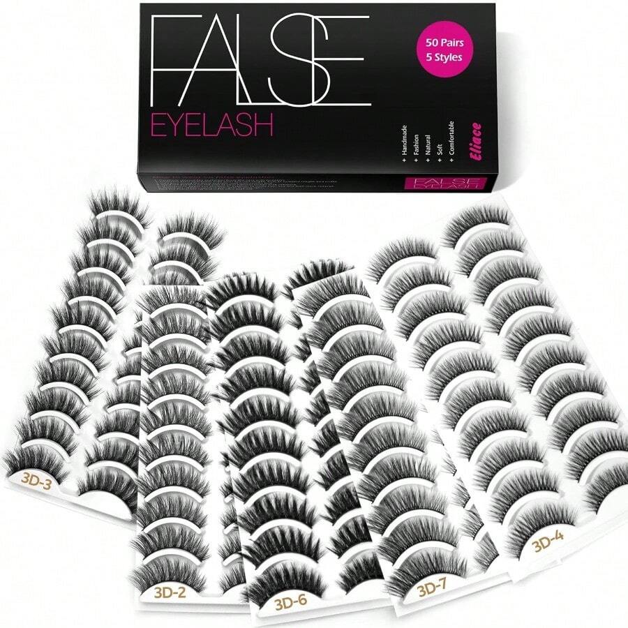 ZxsdEliace Eyelases 50 Pairs 5 Sty Luxuus F Mink Lases Look Wispy Fluffy Andmade Cat Eye False Las Pack False Eyelases Set Fake Lases Strs Makeup Fake Eyelases PackFalse Eyelashes - 黑色 - 查看 1