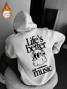 万圣节可爱幽灵元素印花男士秋冬新款创意抓绒连帽卫衣，长袖上衣 - 白色 - 查看 3