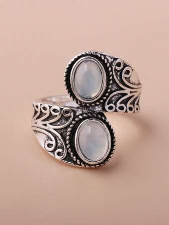 1pc Retro Oval Resin Couple Ring, Bicolor