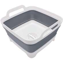 2,4 galones 9L Palangana plegable con tapón de drenaje, bandeja de almacenamiento de cocina, palangana para lavar platos, tina de platos portátil y plegable para camping y caravana, color gris - Blanco y gris - Ver 2