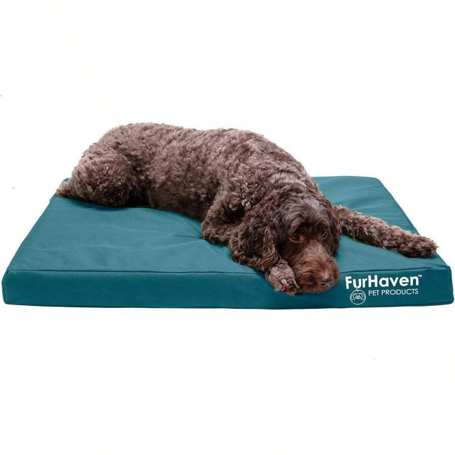 Furhaven Pet Dog Bed Deluxe Orthopedic Mat WaterResistant IndoorOutdoor Logo Print Traditional Foam Mattress Pet Bed With Removable Cover For Dogs And Cats Deep Lagoon Large