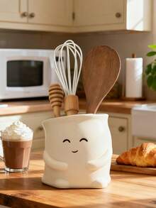 1 Set Cute Cartoon Ceramic Utensil Storage Box, Adorable Smiling Face Cartoon Character Design, Can Store Spoons, Chopsticks And Other Cooking Tools, Fun Decorative Utensil Storage Canister, Practical And Interesting Kitchen Accessory To Enhance Your Cooking Space - Multicolor - View 4