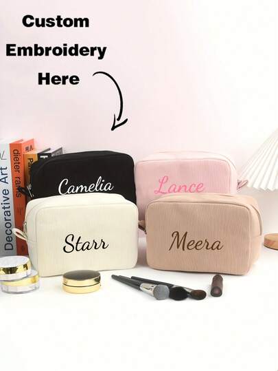 Personalized Solid Color Corduroy Cosmetic Bag, Lightweight And Portable, Suitable For Daily Use, Essential For Women's Travel, Soft Large Capacity Storage Bag, Can Hold Makeup Brushes And Skincare Products, Bridesmaid Gift And Wedding Party Favor