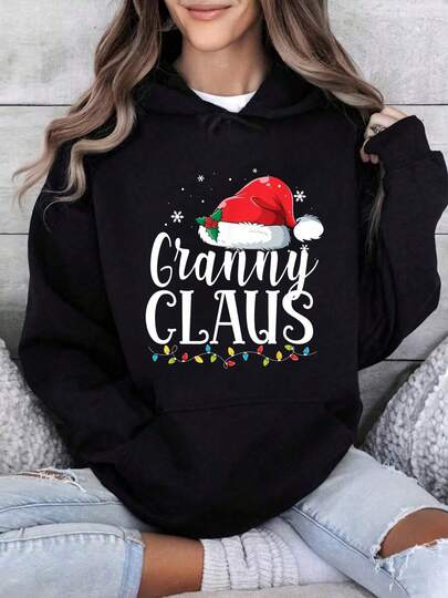 Granny Claus Santa Hat Lights Snowflakes Hooded Sweatshirt Streetwear Fashion Homme Soft Unisex