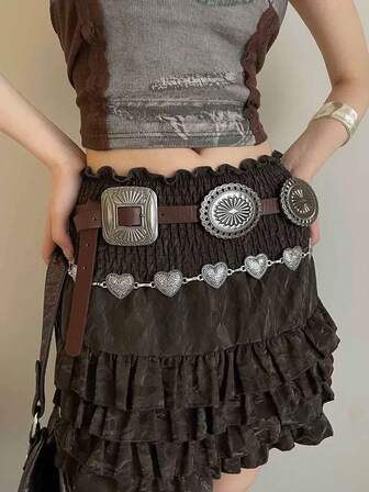 1 pieza Cinturón delgado de mujer de diseño bohemio de alta moda, hebilla de metal tallado de estilo vaquero occidental, cinturón de cuero retro adecuado para vestidos y pantalones