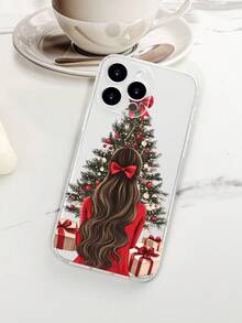 Funda de teléfono con diseño de chica frente al árbol de Navidad en estilo artístico, estampado navideño con vestido rojo, lazo en el cabello y árbol decorado con bolas y regalos, ambiente festivo y acogedor ideal para Navidad y celebraciones, estilo elegante y romántico, funda transparente, resistente a golpes, alta transparencia, compatible con iPhone17/16/15/14/13/12/11/Plus/Pro/ProMax, compatible con Galaxy A34/A35/A54/A55, Galaxy S20/S21/S22/S23/S24/S25 Ultra/Plus, compatible con Moto/Galaxy/Redmi/Honor/OPPO - transparente - Ver 7