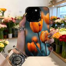 Cubierta de teléfono con diseño de tulipanes naranjas y escarabajo rojo color negro para mujer elegante uso diario en floristería Aplicable a los teléfonos de la serie Apple y Galaxy - Blanco - Ver 3