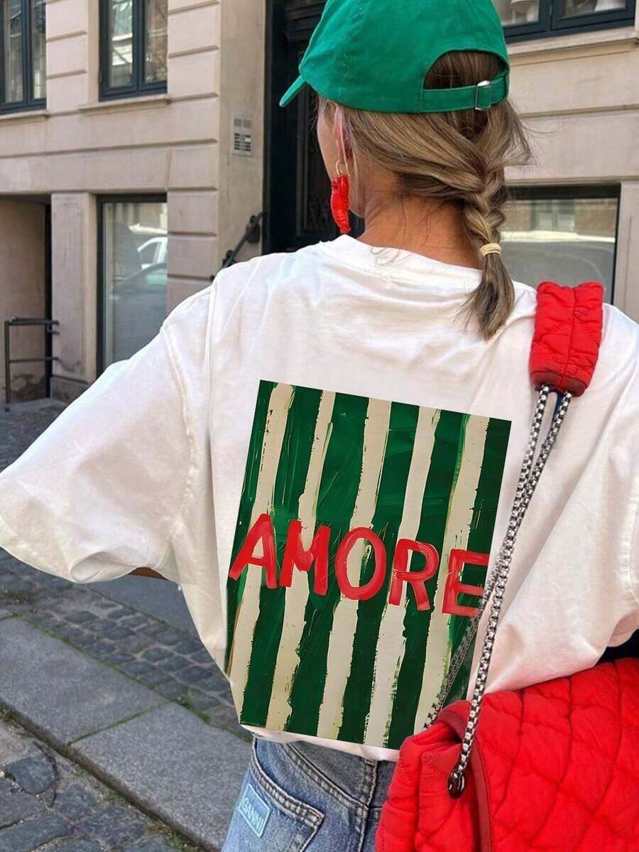 Summer T-Shirt, Simple Fashion Striped Design, English Print, Casual Round Neck White Short Sleeve T-Shirt, Elegant And Versatile Women's Top, Amore - 白色 - 查看 1