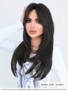 7JHH WIGS Peluca elegante de 24 pulgadas de color marrón oscuro negro para mujeres: peluca larga con capas y flequillo, de fibra sintética resistente al calor y de aspecto natural, ideal para uso diario, festivales de música y como regalo del Día de la Madre - Marrón oscuro - Ver 5