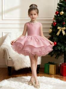 Girls' Elegant Cute Pearl Bow Backless Sleeveless Party Dress, Princess Dress For Birthday Party, Gathering, Prom, Wedding, Flower Girl - Pink - View 5