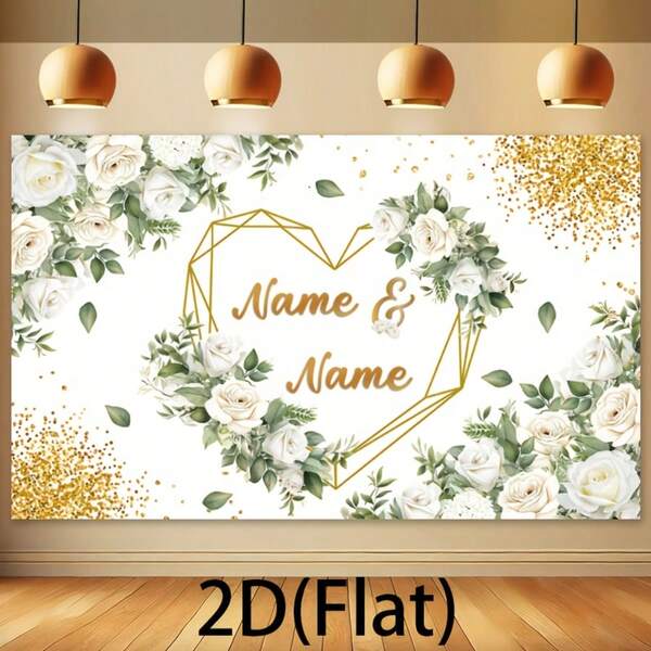 2 Striscioni pubblicitari piatti di grandi dimensioni con nome personalizzabile, sfondo in tessuto elegante con fiori bianchi e cuori