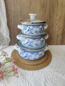 3pcs Enamel Cookware Set, Thick Double-Ear Enamel Cooking Pot, Multi-Purpose For Gas/Induction Cooktop, Includes Soup Pot With Lid, Enamel Stew Pot, Enamel Bowl With Handle