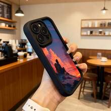 Funda para teléfono con borde negro diseño de atardecer con persona sentada en montaña paisaje dramático para uso diario y viajes Aplicable a los teléfonos de la serie Apple y Galaxy - Blanco - Ver 6