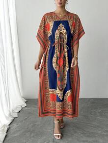 1. 女士V领印花连衣裙，宽松休闲款，袖口带抽绳，美丽度假风连衣裙，优雅阿拉伯女士派对、节日宴会礼服，女士连帽长袍 - 紅色 - 查看 1