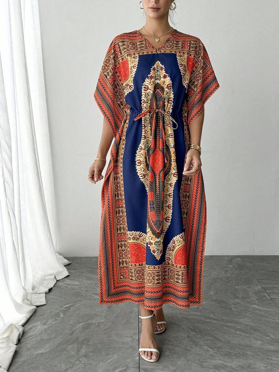 1. 女士V领印花连衣裙，宽松休闲款，袖口带抽绳，美丽度假风连衣裙，优雅阿拉伯女士派对、节日宴会礼服，女士连帽长袍 - 紅色 - 查看 1