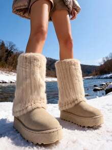 New Beige Tall Snow Boots For Women, Thick Sole Platform Mid-Calf Boots, Thermal Lined Casual Warm Fashion High-Grade Suede Flat Mid-Heel Comfortable Non-Slip Plus Size Furry Slip-On Boots - Beige - View 4