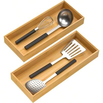 Bamboo Drawer Organizer Stackable Utensil Organizer For Kitchen Silverware Tray For Drawer 15" X 6" X 2" Set Of 2
