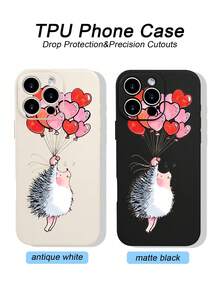 1PC Funda de teléfono TPU con diseño de erizo sosteniendo globos en forma de corazón, estilo tierno y romántico, combinación de ternura y celebración, protección para lente, resistente a caídas, textura mate suave, ideal para mujeres, amantes de los animales y personas que buscan un toque dulce, regalo especial, compatible con iPhone16/15/14/13/12/11/XS/XR/X/PLUS/PRO/PROMAX, compatible con Galaxy A21/A24/A25/A32/A34/A35/A54/A55, Galaxy S20/S21/S22/S23/S24 Ultra, agarre cómodo, regalo de temporada para amigos, novia, novio, familia - Negro - Ver 6