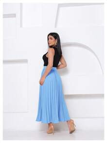 LXC Women's Pleated Skirt, Women's Vintage Midi Skirt, Elegant High-Waisted Long Skirt, Simple, Casual, Pleated, Office, Wedding - 淺色水洗藍 - 查看 6