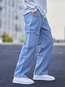 Vaqueros informales de corte holgado para hombre con cintura con cordón y múltiples bolsillos. - Azul - Ver 7