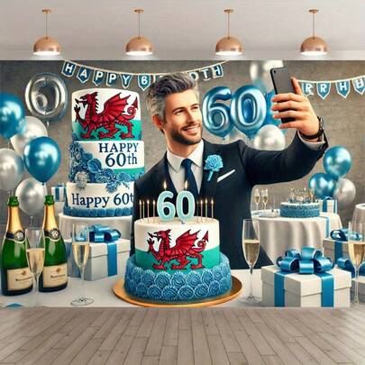 2D平面面板，1件装，60岁生日庆典，涤纶摄影背景横幅，派对背景挂毯，室内外横幅装饰，影棚摄影道具，节日派对生日装饰用品。