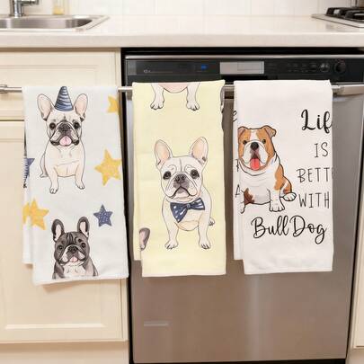 超柔软法国斗牛犬厨房巾，厨房、餐厅适用，现代涤纶材质，可作餐巾和手巾，家居装饰佳品，送给爱狗人士的完美礼物