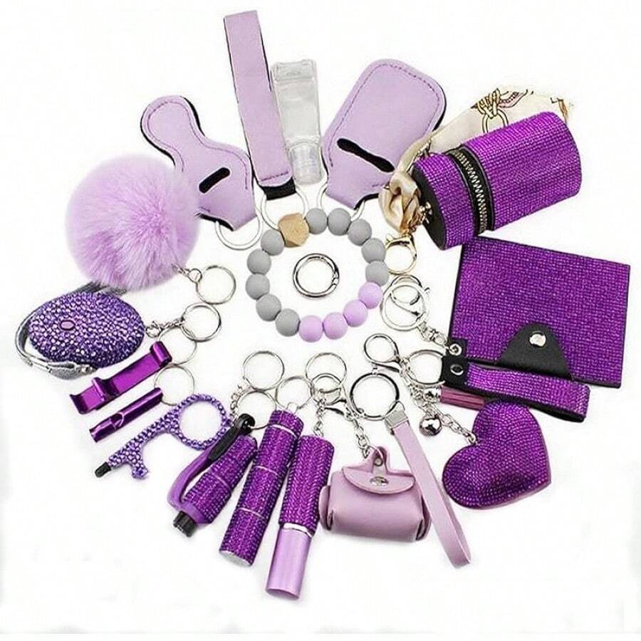 Shiny Safety Keychain Set With Personal Alarm, 19 Pcs Keychain Accessories Kit With Whistle Pompom, Gift Set For WomenChristmas - 紫色 - 查看 1