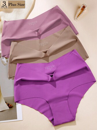 Aofeiqike 3pcs/Pack Plus Size Women High Waist Seamless Breathable Solid Color Panties, Elegant, Cute In Deep Pink, Deep Purple, Coffee, Suitable For Wedding, Sports, Casual Wear, Soft Fabric, Thin, Suitable For All Seasons
