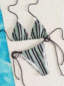 女士比基尼套装，泳装，泳衣，休闲蓝棕条纹系带露背比基尼两件式泳衣，高腰提臀加垫泳装，性感夏季沙滩装，海滩度假装，女士夏季假日沙滩露背装，Y2K辣妹风 - 軍綠色 - 查看 5