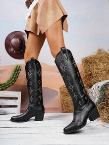 New Plus Size Women's Embroidered Totem Knight Boots, Thick Heel Round Toe High Shaft Boots, Fashion Versatile Autumn/Winter European And American Style - Black - View 5