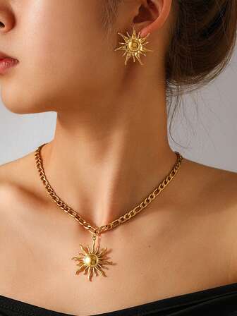 3 Pieces Set Fashion Stainless Steel Sunflower Sunflower Jewelry Set With Encrypted NK Chain Necklace Earrings Gift Jewelry For Women Daily Wear