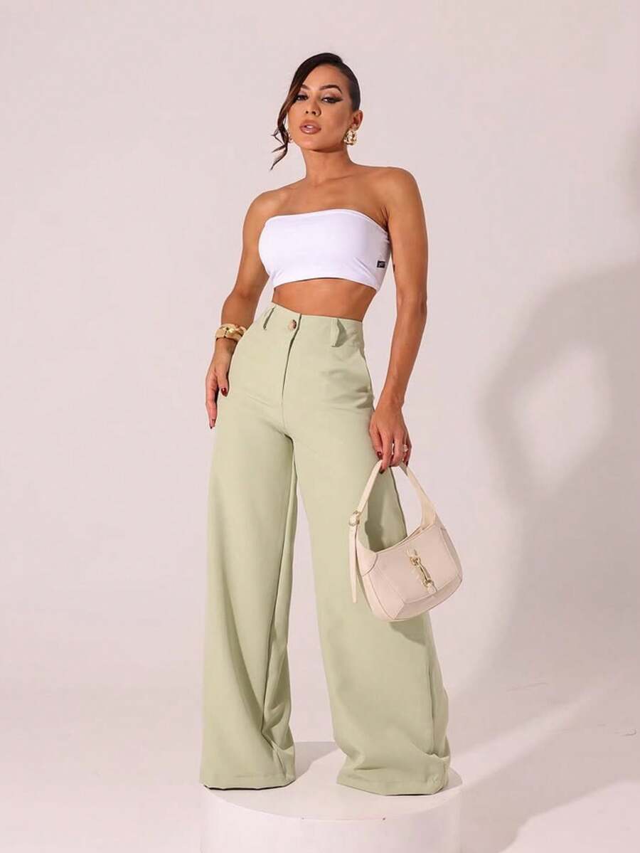 Women's Premium Tailored, High-Waisted, Wide-Leg Trousers With Interlining At The Waist And Pockets, Elegant Fashion Launch - Verde menta - Xem 1