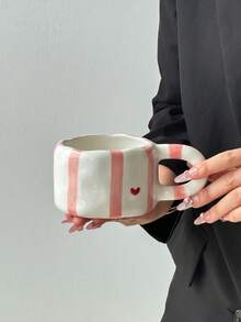 1pc Striped Heart Ceramic Coffee Mug, Elegant Minimalist Ceramic Mug, Ceramic Cup, Water Cup, Creative Hand-Painted Ceramic Juice Cup, High-Quality Afternoon Tea Cup, Breakfast Milk Cup, Gift Mug, Suitable For All Seasons - Multicolor - View 6