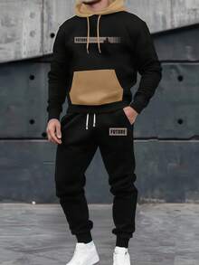 Men's Spring/Autumn Letter Print Contrast Color Hoodie And Drawstring Waist Pants Set, Fashionable Sportswear Casual Outfit For Commuting, Work, Fishing, Camping, Vacation, Gym, Leisure Wear, Great Gift For Boyfriend/Husband