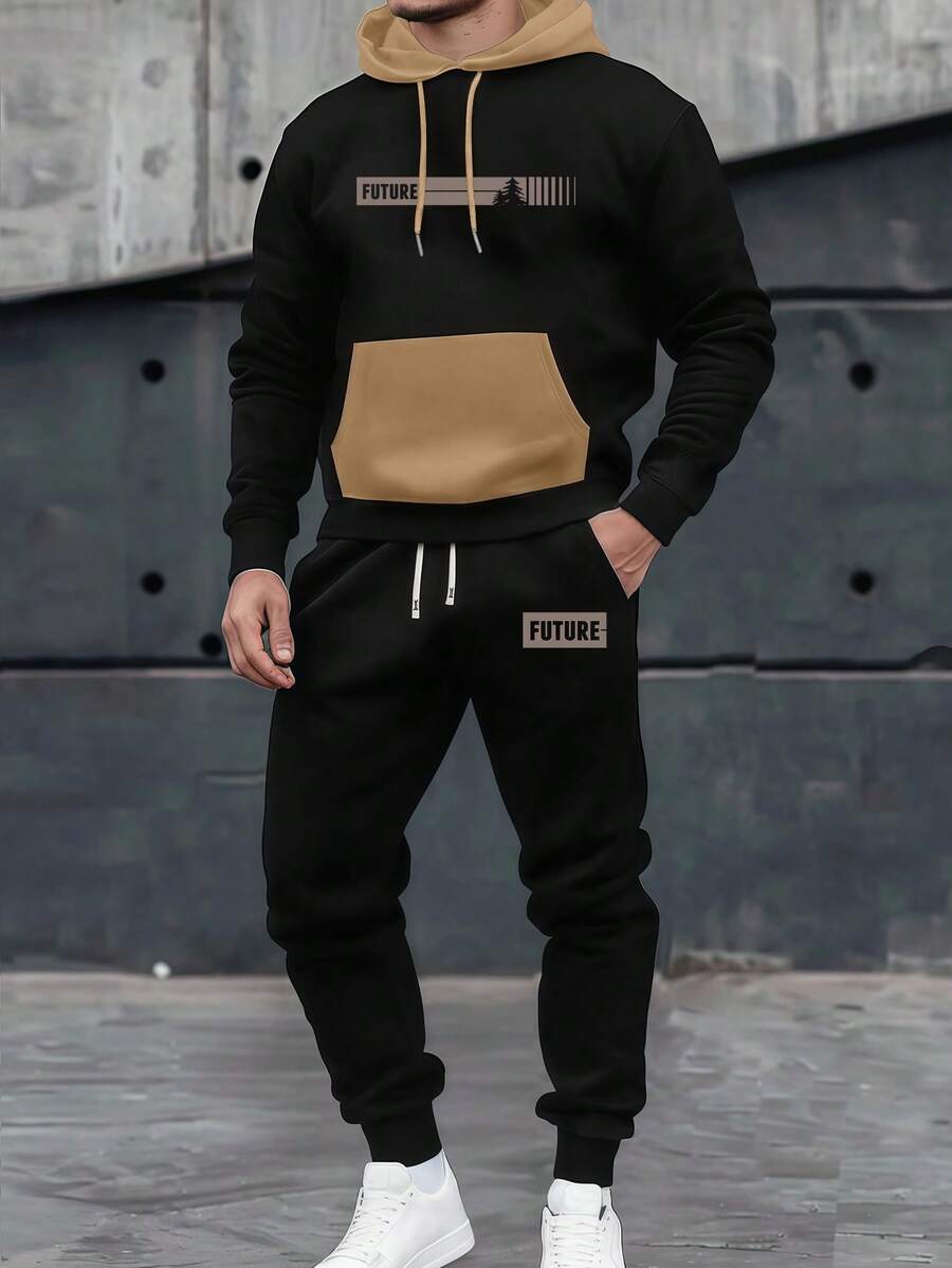 Men's Spring/Autumn Letter Print Contrast Color Hoodie And Drawstring Waist Pants Set, Fashionable Sportswear Casual Outfit For Commuting, Work, Fishing, Camping, Vacation, Gym, Leisure Wear, Great Gift For Boyfriend/Husband