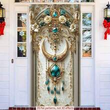 2D涤纶斋月门帘，1件装，精美华丽的墙面装饰，饰有金色细节、蓝色宝石元素和精致花朵，开斋节拍照道具及用品，适用于穆斯林斋月和宰牲节庆祝活动，伊斯兰主题节日装饰 - 彩色 - 查看 2